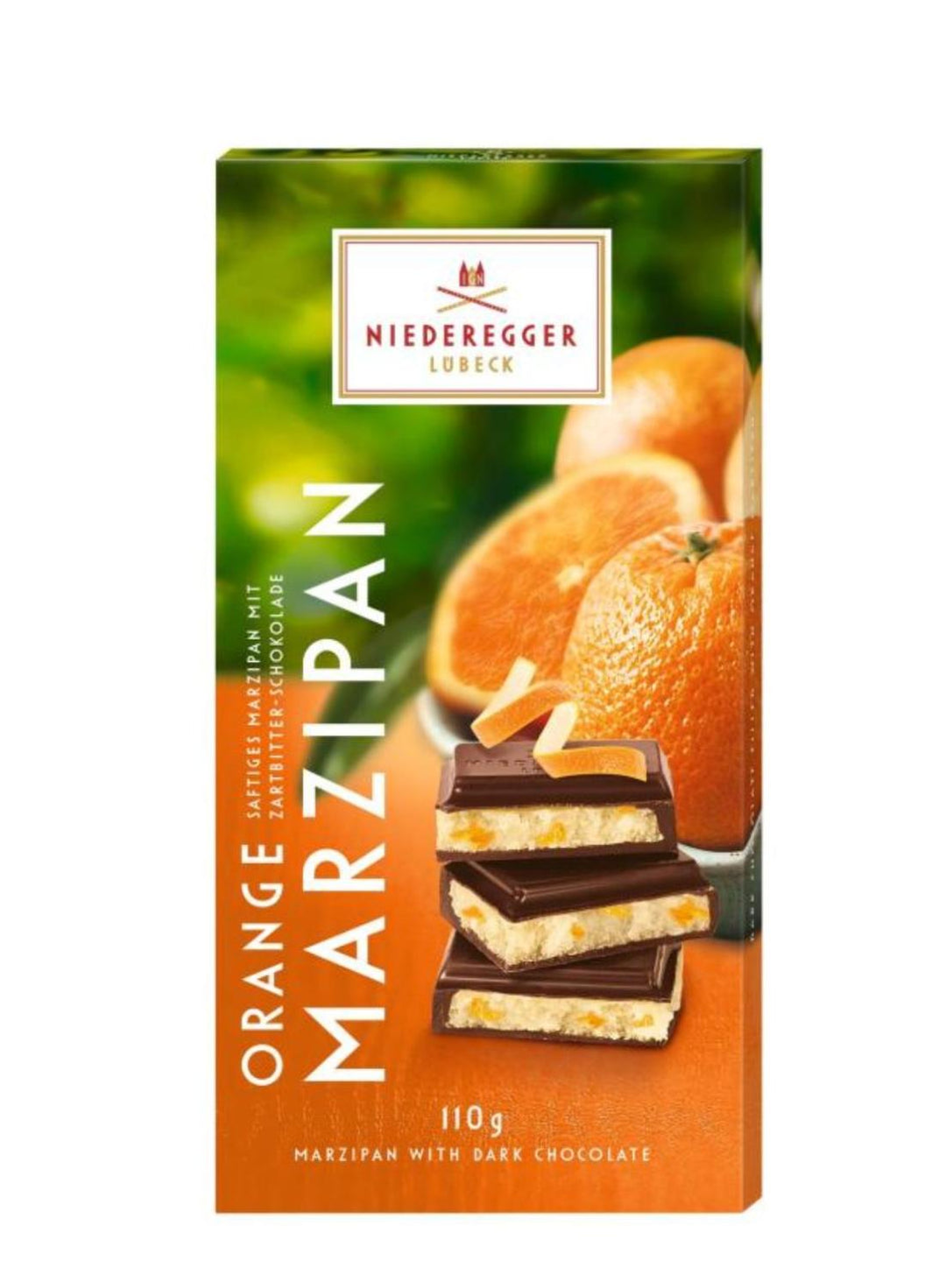 Niederegger Marsipankaka Apelsin 110g pakkauksessa appelsiini ja tumma suklaa