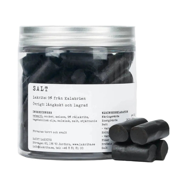 Suolainen lakritsi 150 g muovipurkissa hopeakannella, 9 % raakalakritsia Kalabriasta