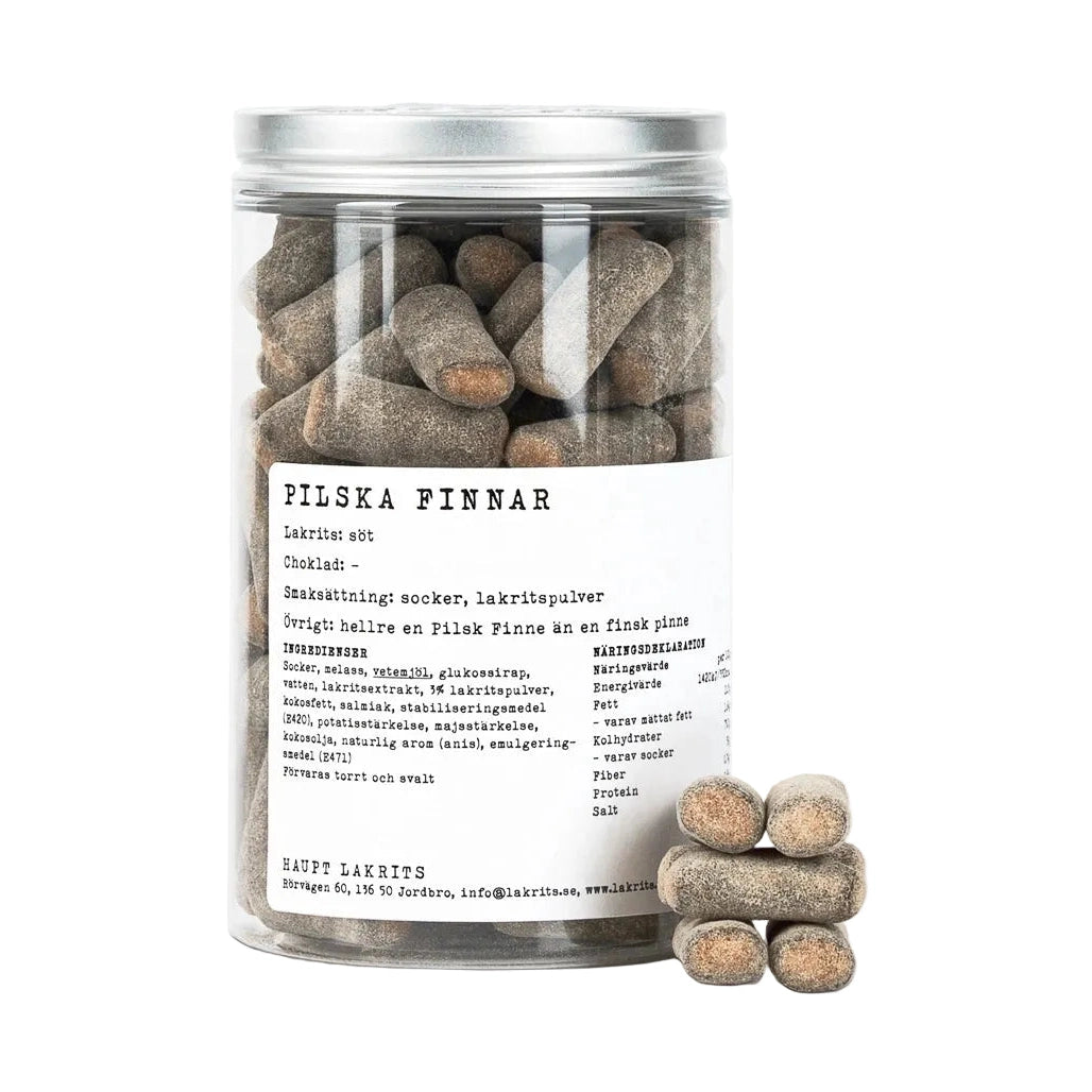 Pilska finnar sokeripinnoitettu lakritsi lasipurkissa, Hupt Lakrids