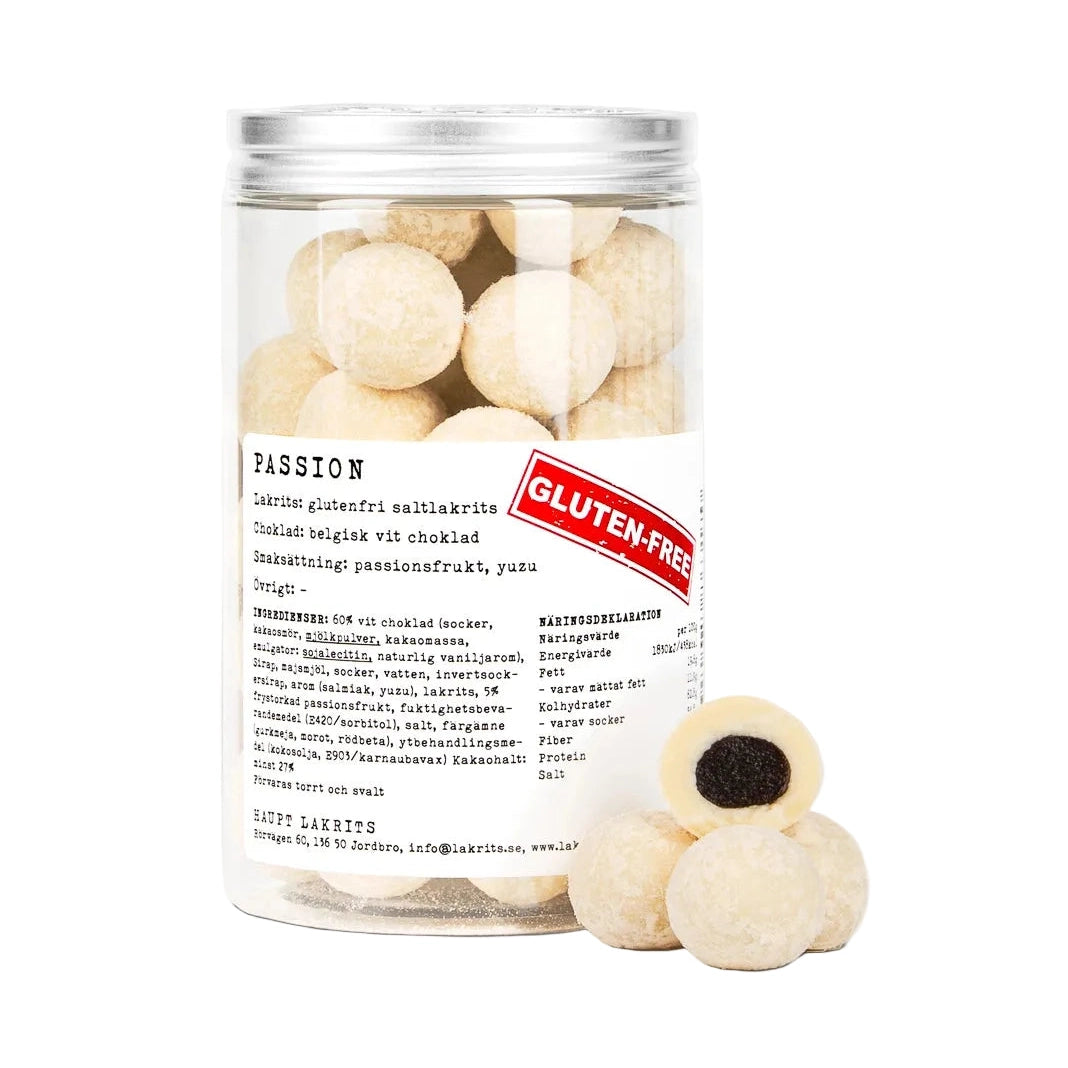 Glutenfri passion saltlakrits i transparent burk