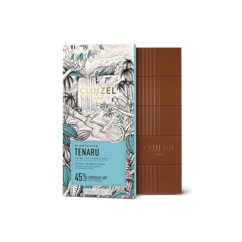 Cluizel Tenaru 45% chokladkaka i förpackning och unpackad platta