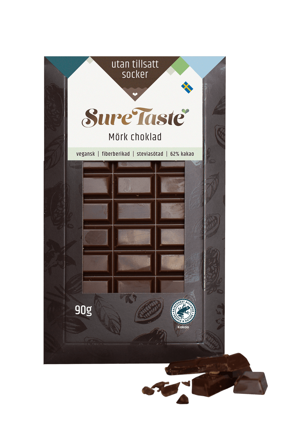 Sure Taste sockerfri mörk choklad 62% 90g med kakaoobönsmönster och fönsterficka