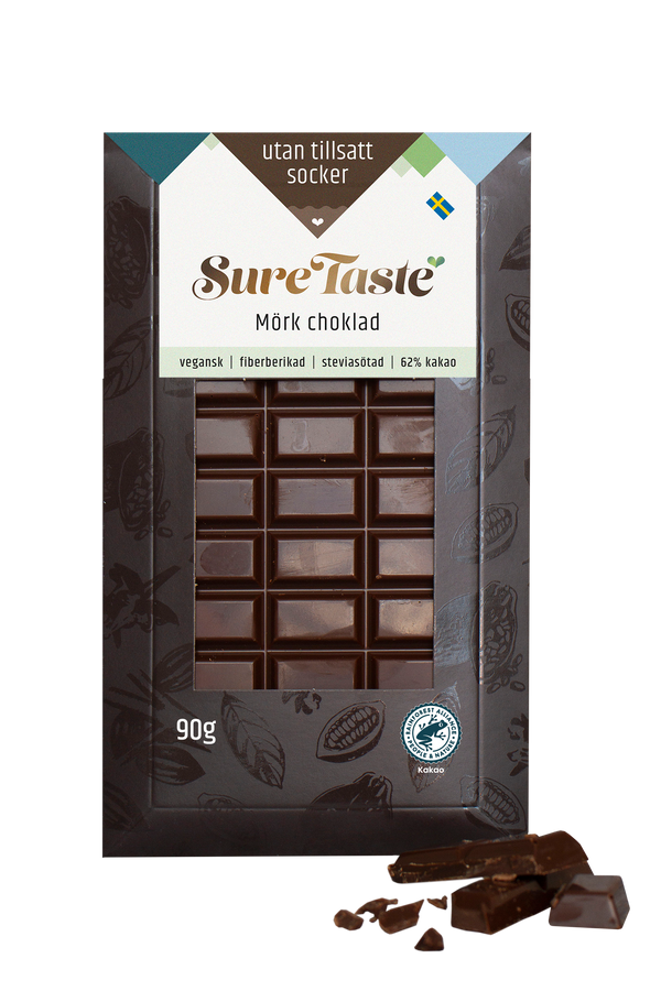 Sure Taste sockerfri mörk choklad 62% 90g med kakaoobönsmönster och fönsterficka