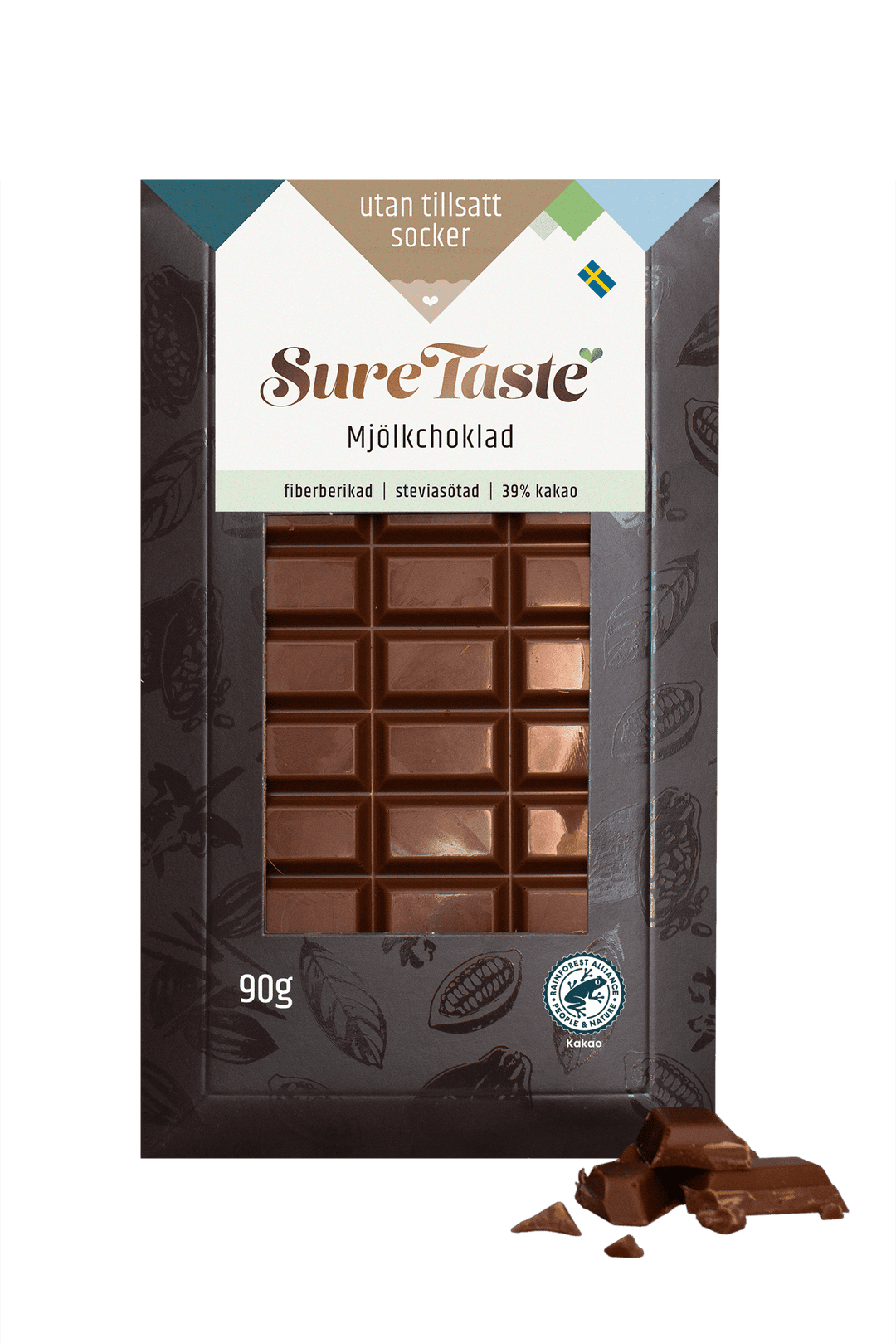 Sure Taste sockerfri mjölkchoklad med 39% kakao och fibrer, 90g