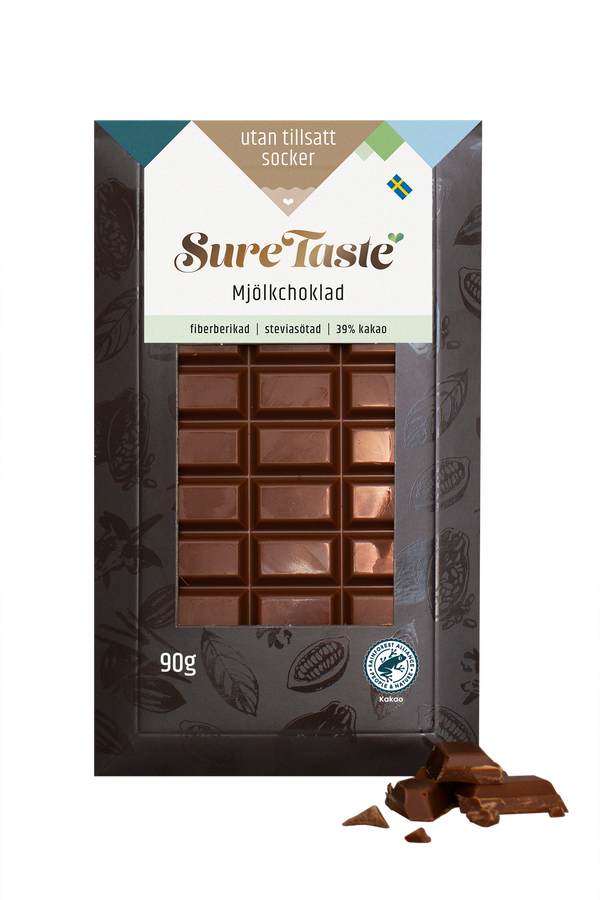 Sure Taste sockerfri mjölkchoklad med 39% kakao och fibrer, 90g