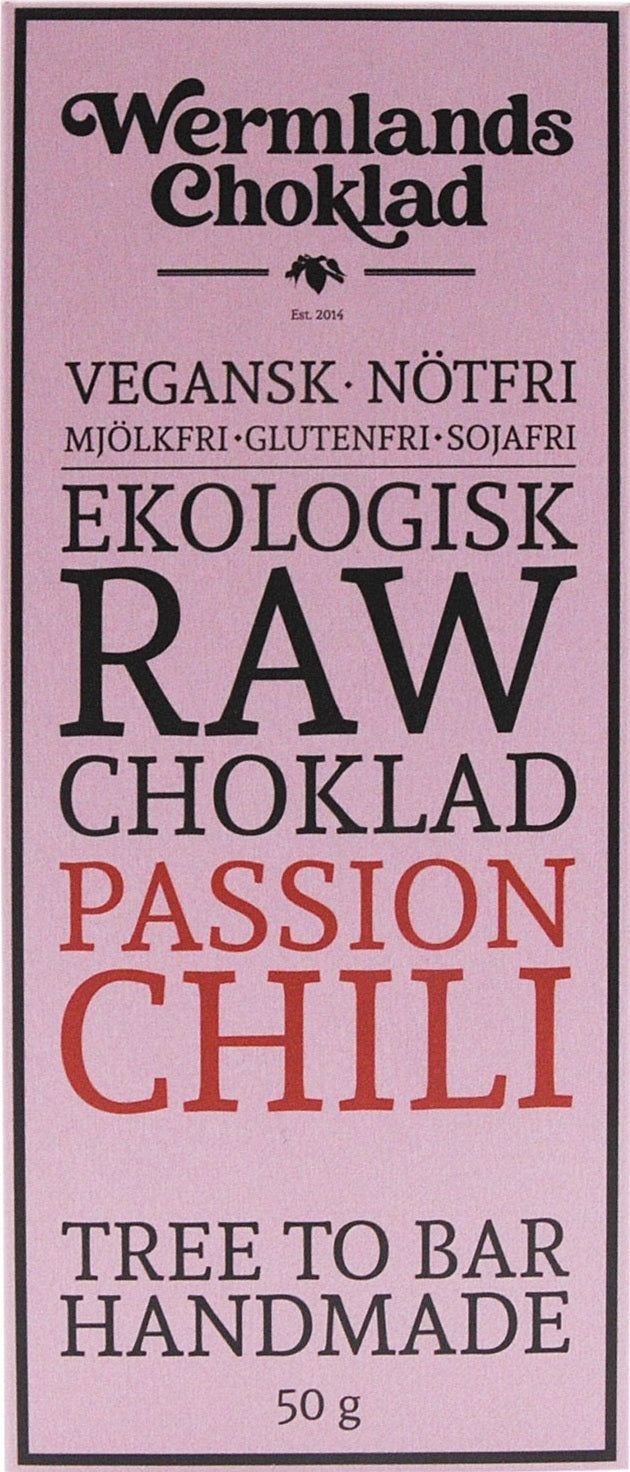 WermlandsChoklad Passion Chili 73% raw chocolate label showing vegan, nut-free, gluten-free, and soy-free claims