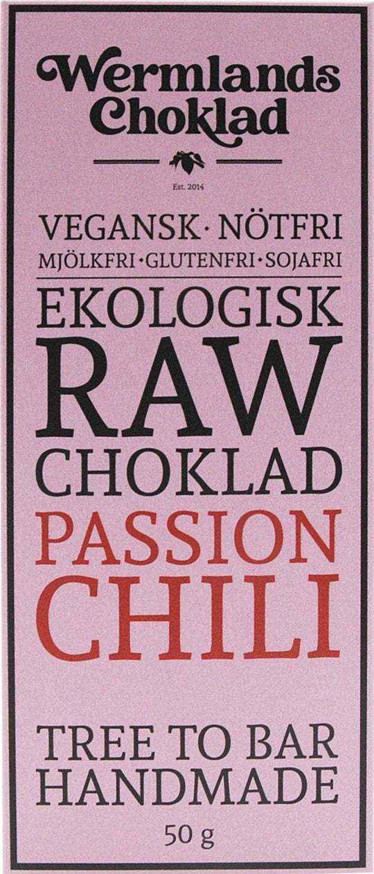 WermlandsChoklad Passion Chili 73% raw chocolate label showing vegan, nut-free, gluten-free, and soy-free claims