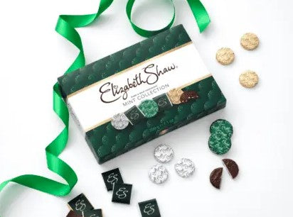 Öppen Elizabeth Shaw mintchokladask med utlagda mörk- och mjölkchokladbitar
