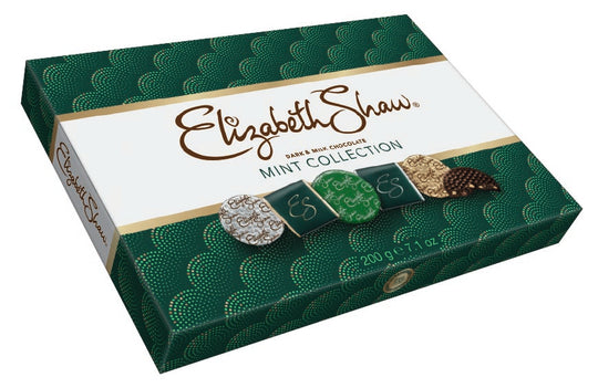 Elizabeth Shaw Mint Collection chokladask med gyllene mönster och 200g pepparmintchoklad