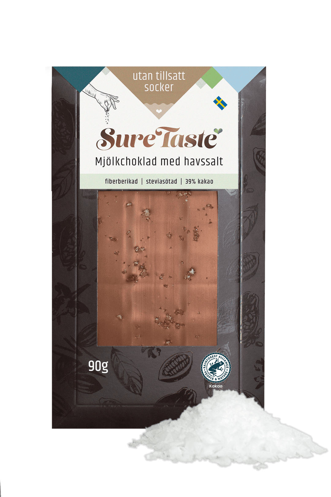 Sure Taste sockerfri mjölkchoklad med havssalt, 90g förpackning