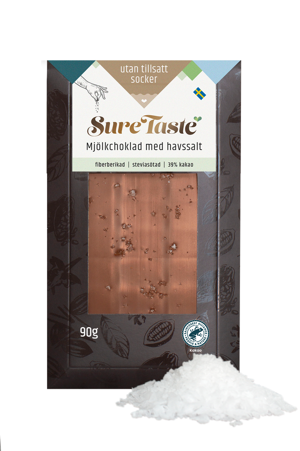 Sure Taste sockerfri mjölkchoklad med havssalt, 90g förpackning