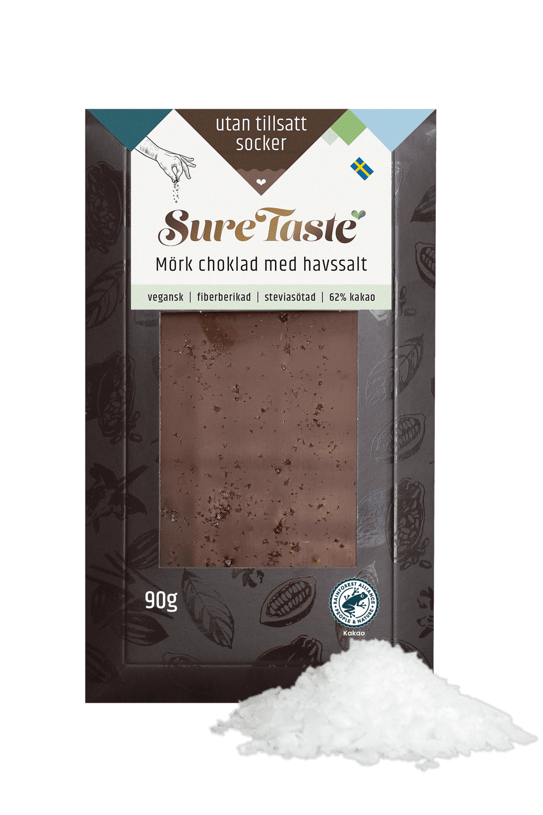 Sure Taste sockerfri mörk choklad med havssalt 62% kakao i FSC-förpackning