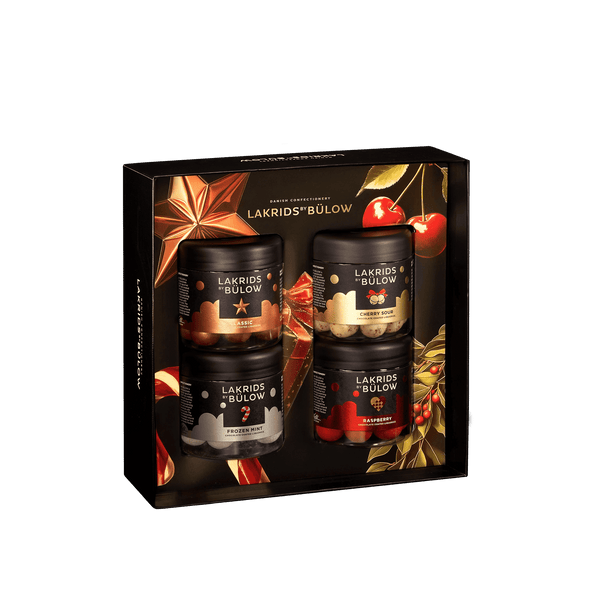 Lakrids By Bülow Regular Black presentbox med fyra glasburkar - Klass, Cherry Sour, Frozen Mint och Raspberry
