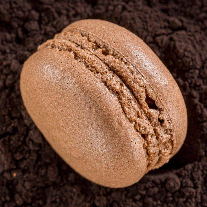 Chokladmacaron serverad på Callebaut kakaopulver