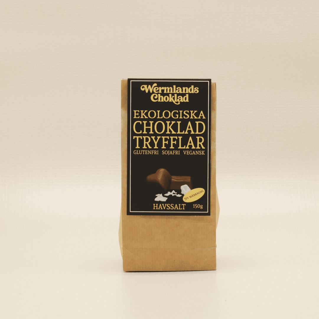Framsida förpackning Wermlandschoklad ekologiska chokladtryfflar havssalt vegansk glutenfri