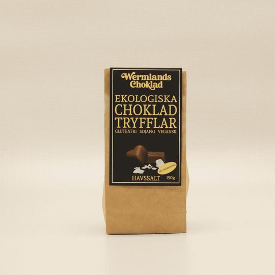 Framsida förpackning Wermlandschoklad ekologiska chokladtryfflar havssalt vegansk glutenfri