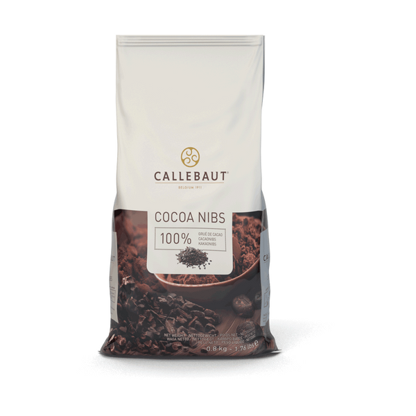 Callebaut kakaonibbar i vit påse med guldlogotyp