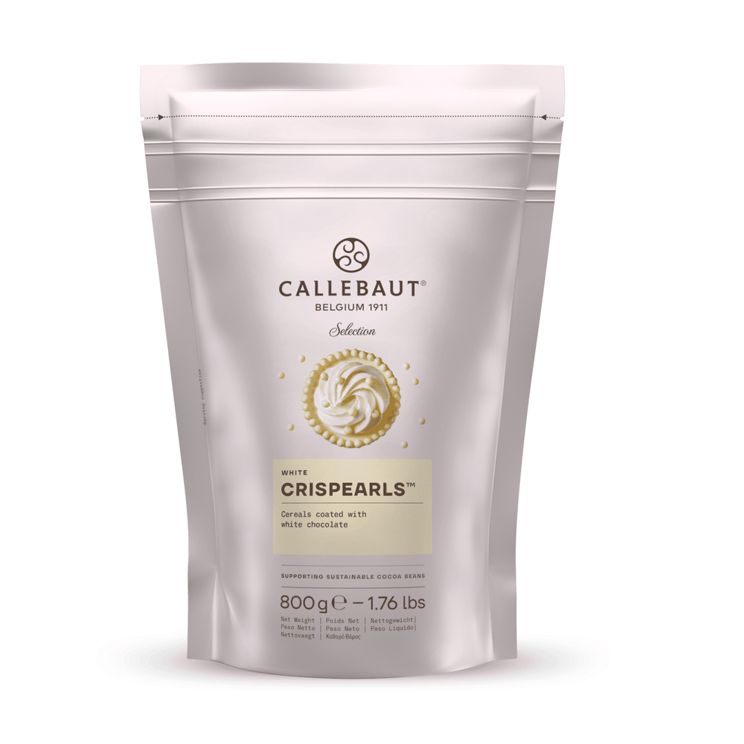 Callebaut White Crispearls 800g förpackningspåse med chokladtarta