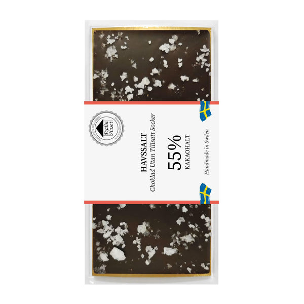 Sockerfri havssaltchoklad 55% kakao i förpackning med Pralinhuset-märkning
