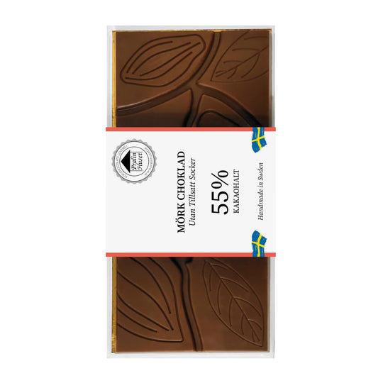Sockerfri mörk choklad 55% kakao från Pralinhuset i förpackning