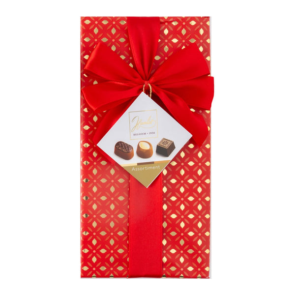 Hamlet red diamond motif praline box with matching red ribbon and label