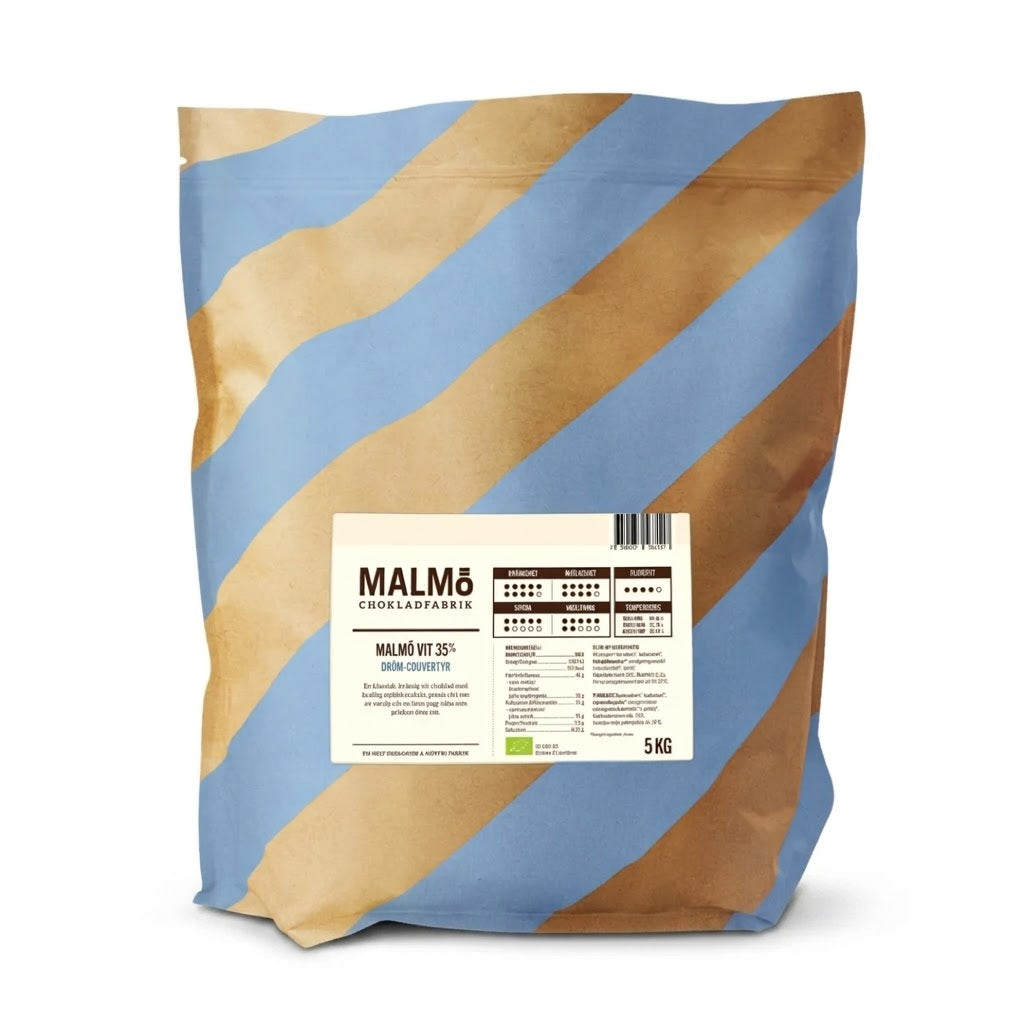 Malmö Chokladfabrik valkosuklaa 5 kg pussi sinisillä ja ruskeilla raidoilla