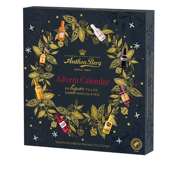 Anthon Berg likörchokladkalender med mörk choklad och gulddekoration
