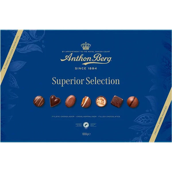 Anthon Berg Superior Selection royal blue chocolate box with gold branding and assorted pralines