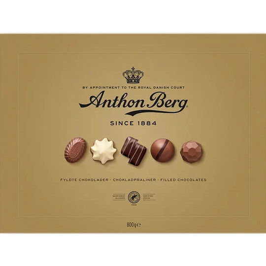 Anthon Berg gold chocolate box lid showing logo and 800g weight label