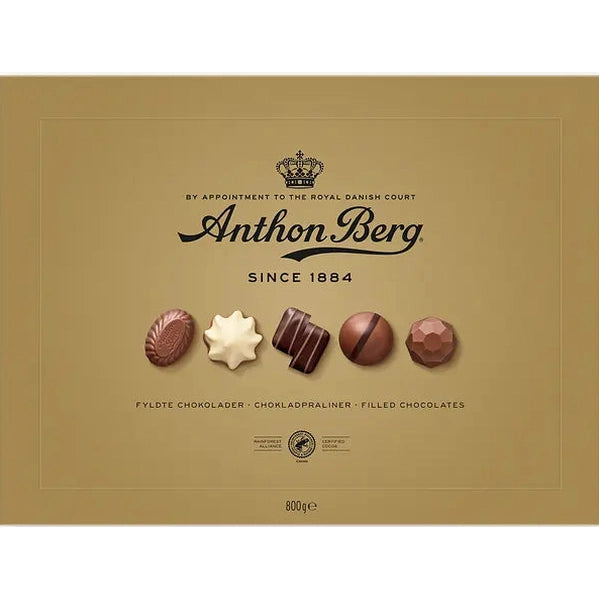 Anthon Berg gold chocolate box lid showing logo and 800g weight label