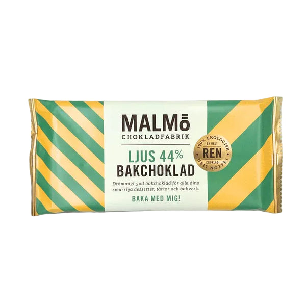 Malmö Chokladfabrik ljus bakchoklad 44% ekologisk förpackning