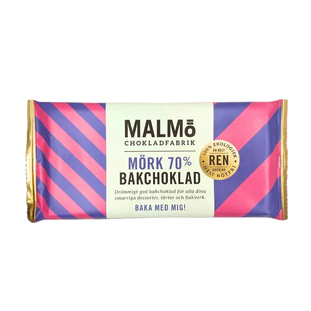 Malmö Chokladfabrik mörk bakchoklad 70% 96g i rosa och blå förpackning