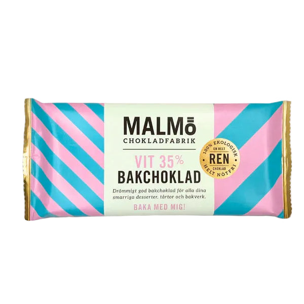 Malmö Chokladfabrik vit bakchoklad 96g i turkos och rosa förpackning