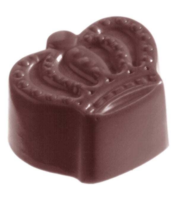 Glansig mörk chokladpralin i kronform med reliefdetaljer