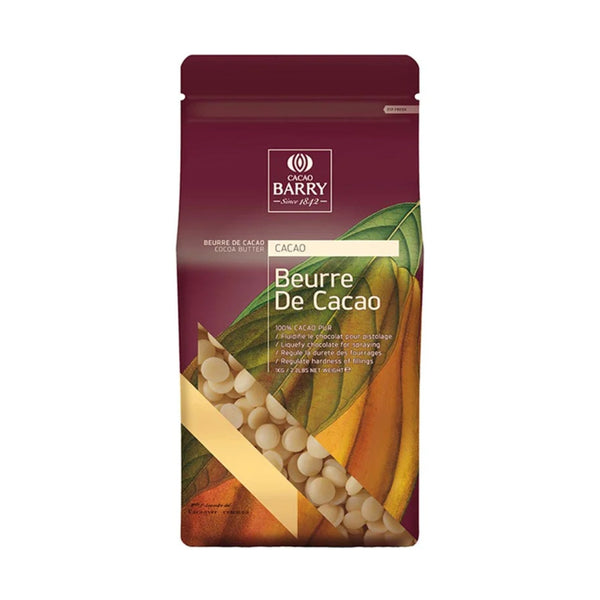 Callebaut kakaosmör 1kg i mörk bordeauxpåse med pellets