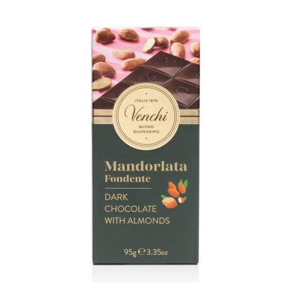 Venchi mörk chokladkaka med mandel 95g förpackning