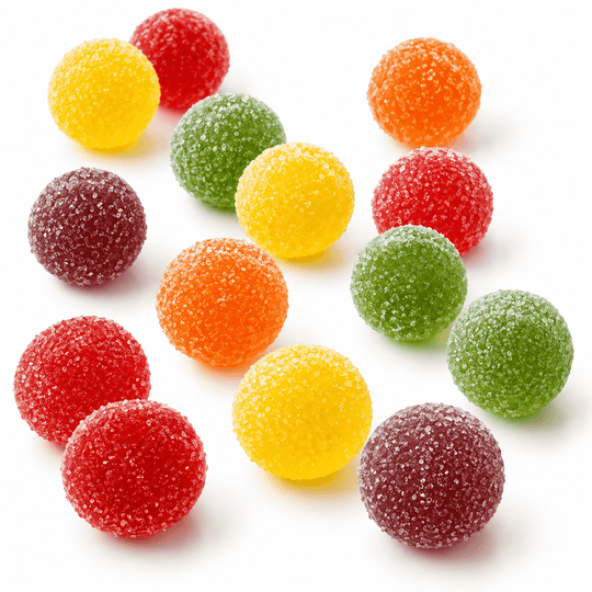 Scattered Fazer sugar-coated fruit marmelad balls in assorted colors