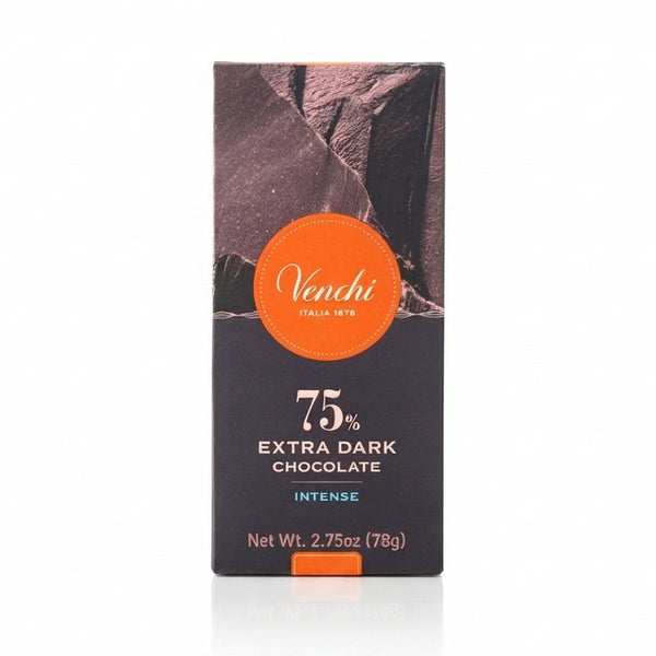 Svart förpackning med orange logotyp för Venchi 75% choklad