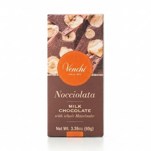 Venchi Nocciolata förpackning 95g med text Milk Chocolate och hela hasselnötter