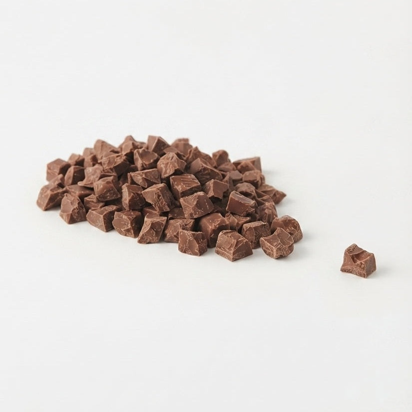 Callebaut mjölkchoklad chunks, ljusbruna chokladbitar med matt textur på vit bakgrund