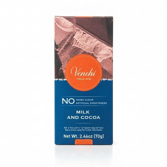 Venchi chokladförpackning 70g, märkt No Added Sugar och Artificial Sweeteners