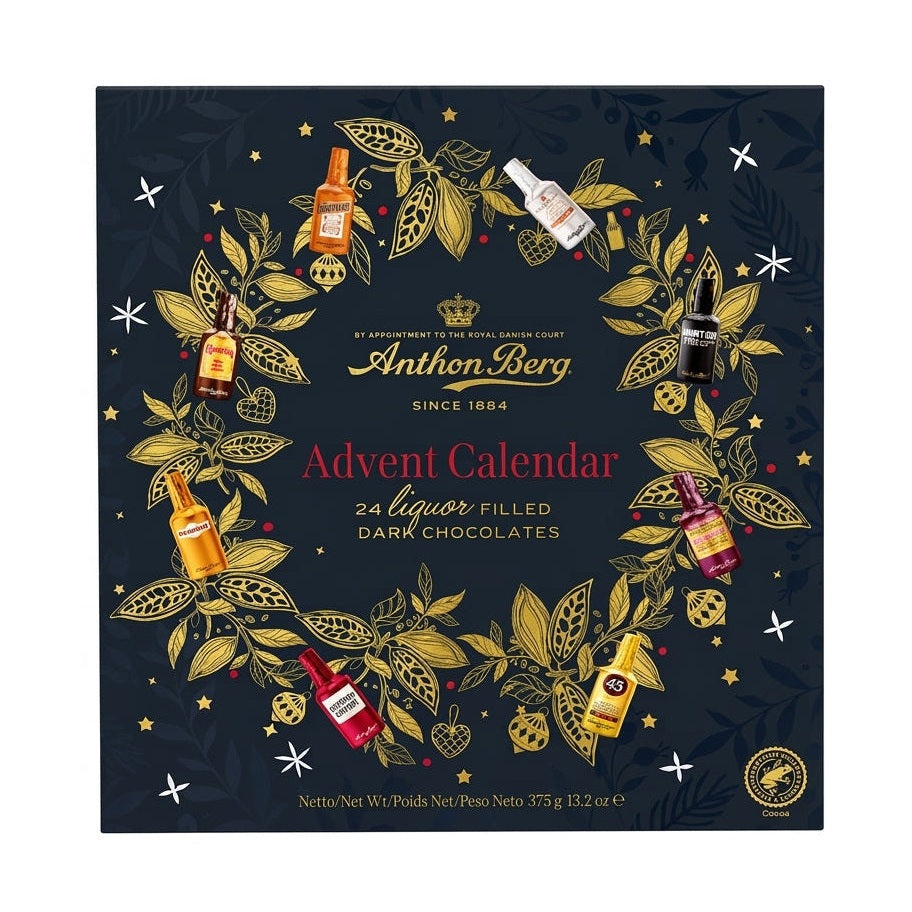 Anthon Berg adventskalender med 24 likörpraliner i blå förpackning