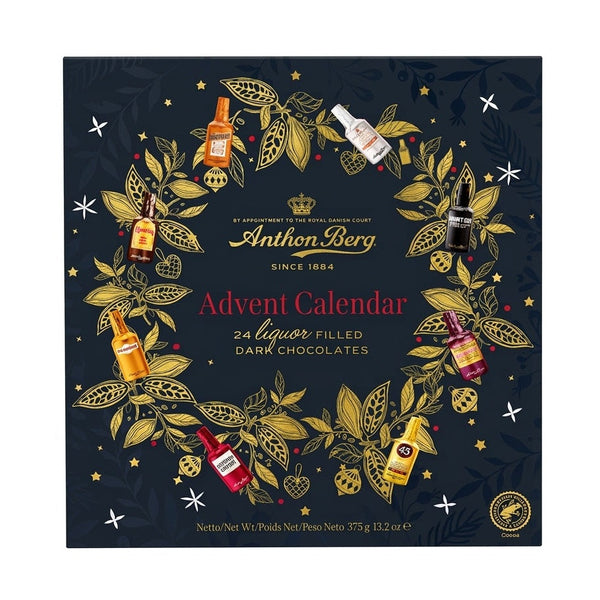 Anthon Berg adventskalender med 24 likörpraliner i blå förpackning