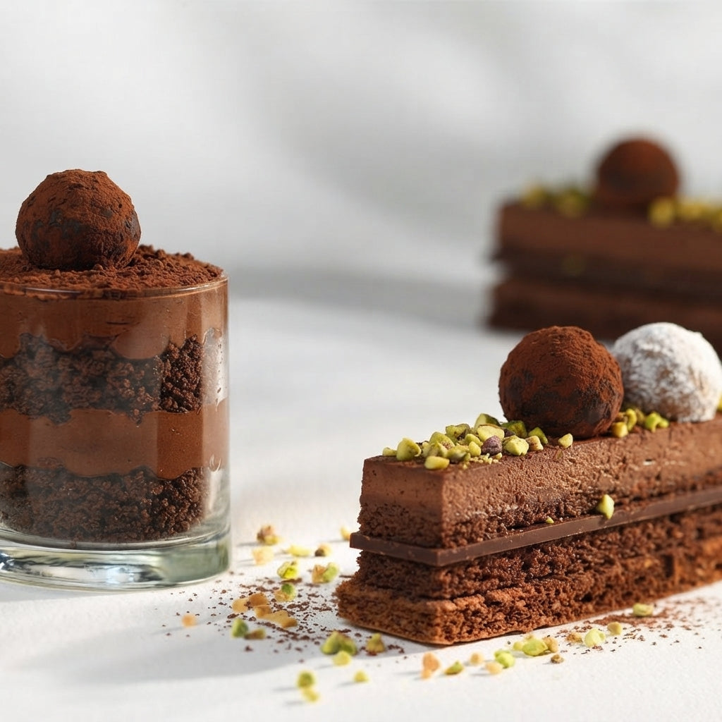 Callebaut mörk chokladmousse i glas med kakaosmulor och pistagenötsdekoration