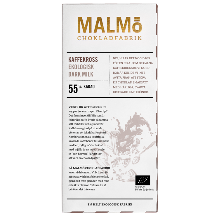 Malmö Chokladfabrik Kaffekross 55% EKO chokladkaka bakre förpackning med kaffe och mörk mjölkchoklad