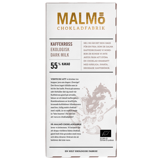Malmö Chokladfabrik Kaffekross 55% EKO chokladkaka bakre förpackning med kaffe och mörk mjölkchoklad