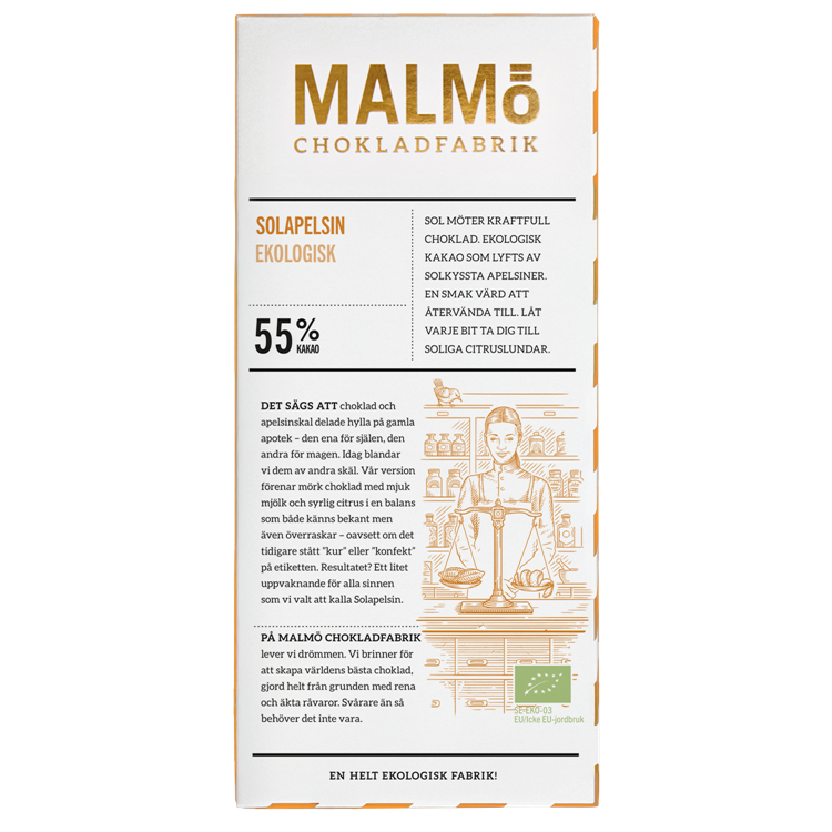 Förpackning av Malmö Chokladfabrik Solapelsin EKO 55% kakao apelsinchoklad