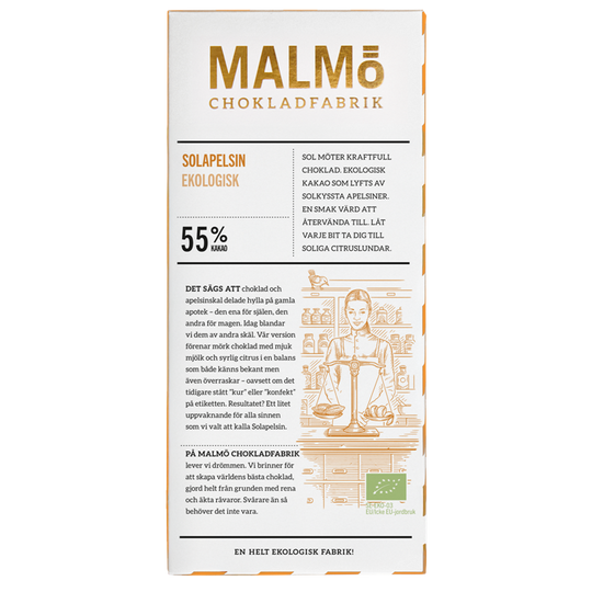 Förpackning av Malmö Chokladfabrik Solapelsin EKO 55% kakao apelsinchoklad