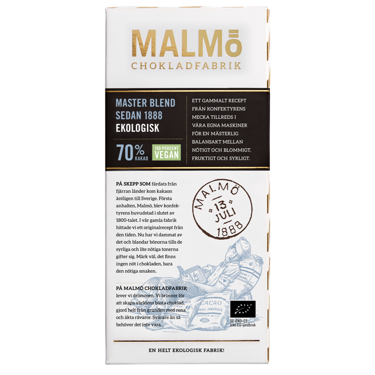 Malmö Chokladfabrik Master Blend 70% EKO chokladkaka med ekologisk och vegan märkning