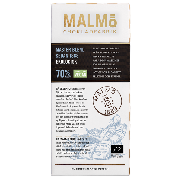 Malmö Chokladfabrik Master Blend 70% EKO chokladkaka med ekologisk och vegan märkning